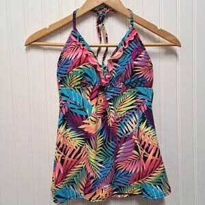 Candies Tankini Top Juniors L Neon Tropical Leaf Triangle Swim Bathing Beach Y2K